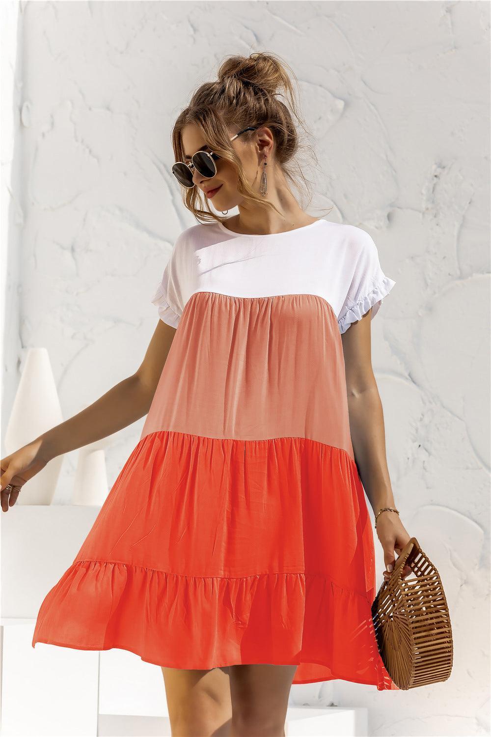 Color Block Round Neck Ruffle Hem Dress - ClubOn