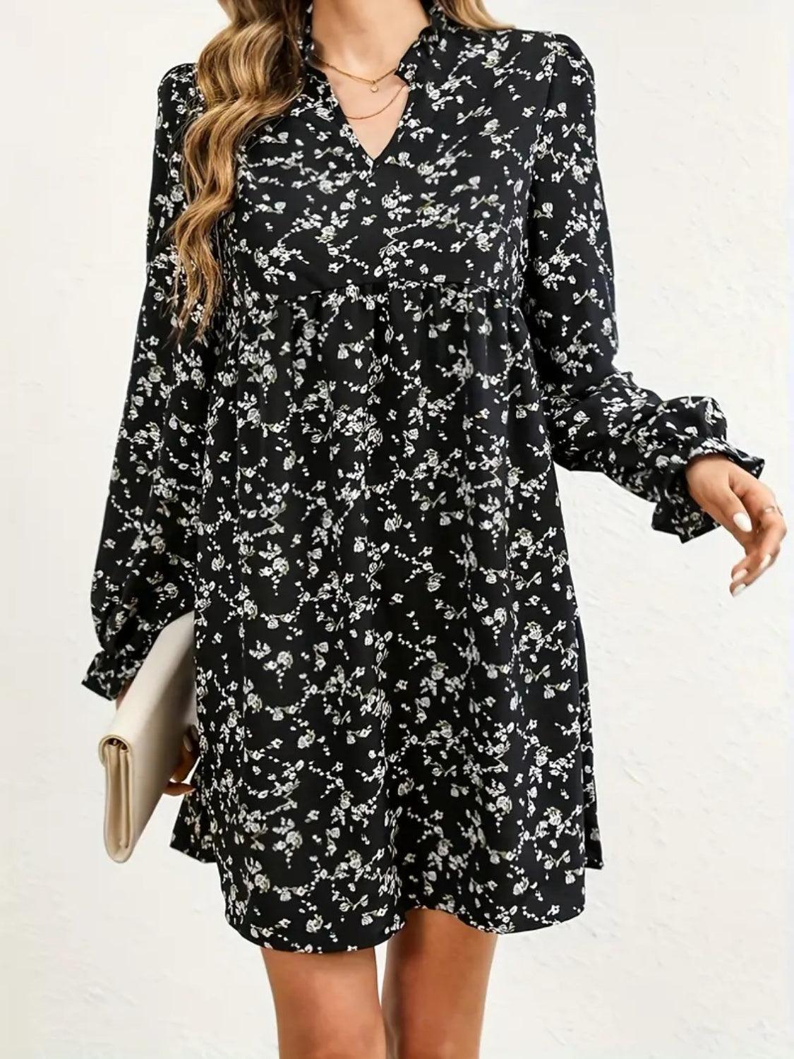 Ditsy Floral Notched Flounce Sleeve Dress - ClubOn