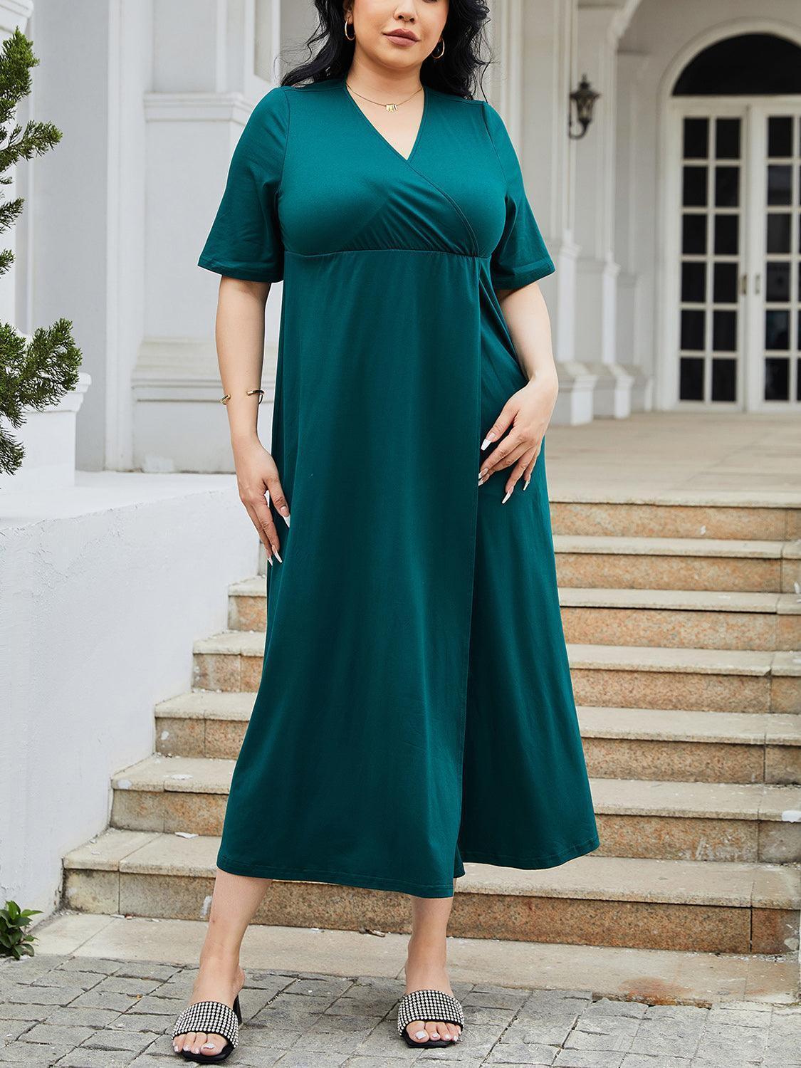 Plus Size Slit Surplice Short Sleeve Midi Dress - ClubOn