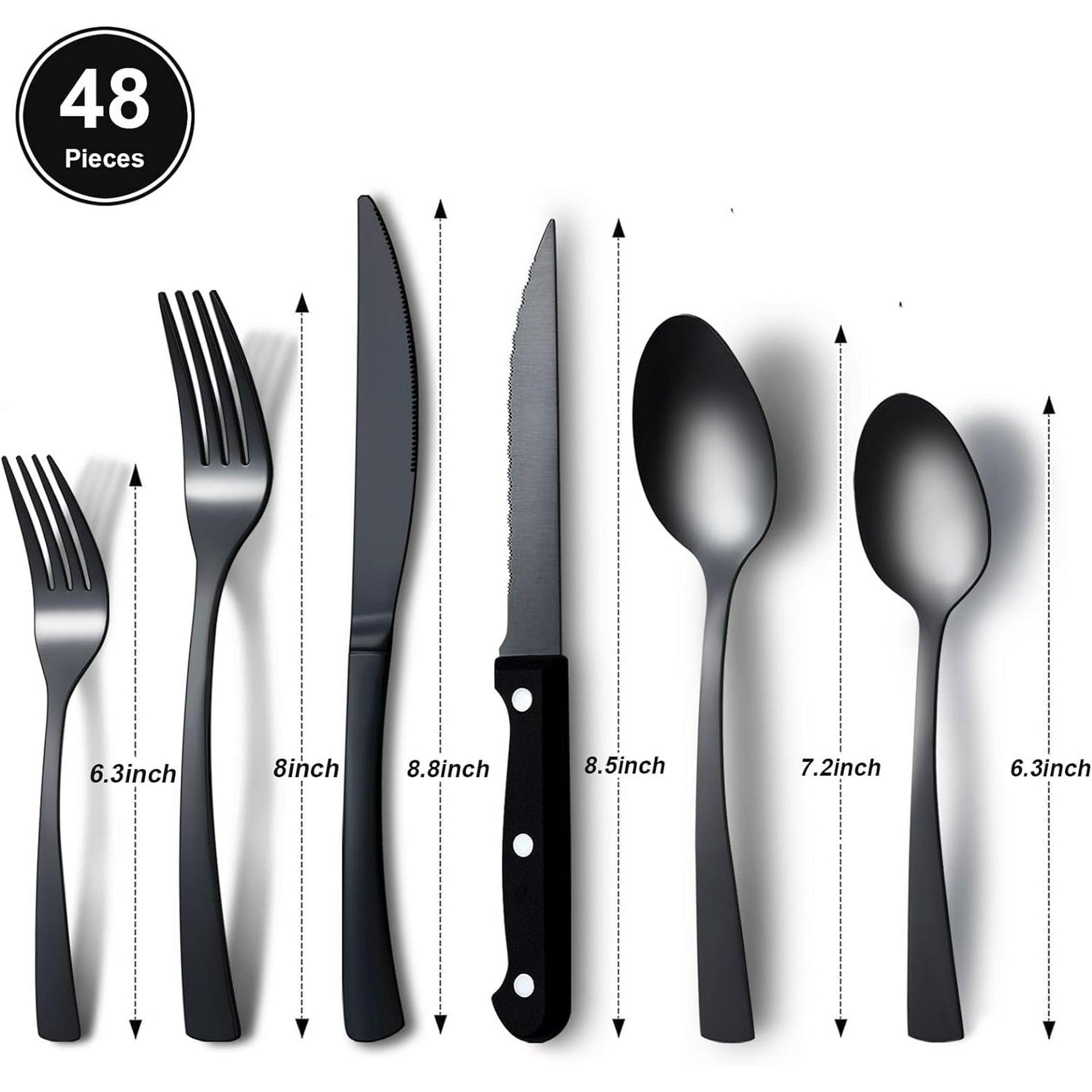 48-Piece Black Silverware Set – Stainless Steel Flatware Cutlery, Spoons, Forks & Knives - ClubOn