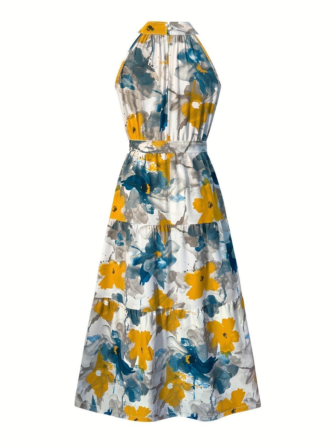 Tiered Printed Mock Neck Sleeveless Dress - ClubOn