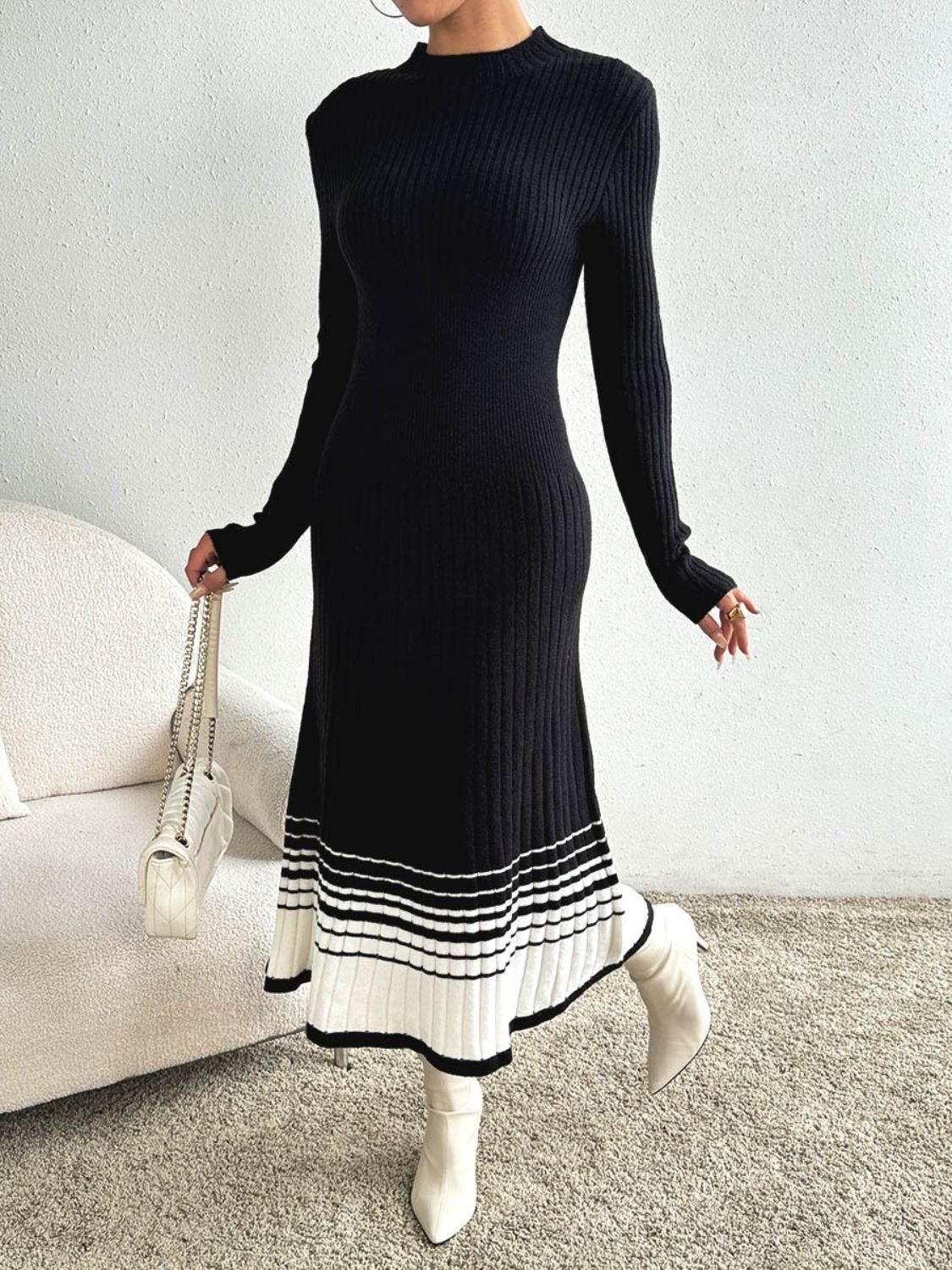 Contrast Mock Neck Long Sleeve Sweater Dress - ClubOn
