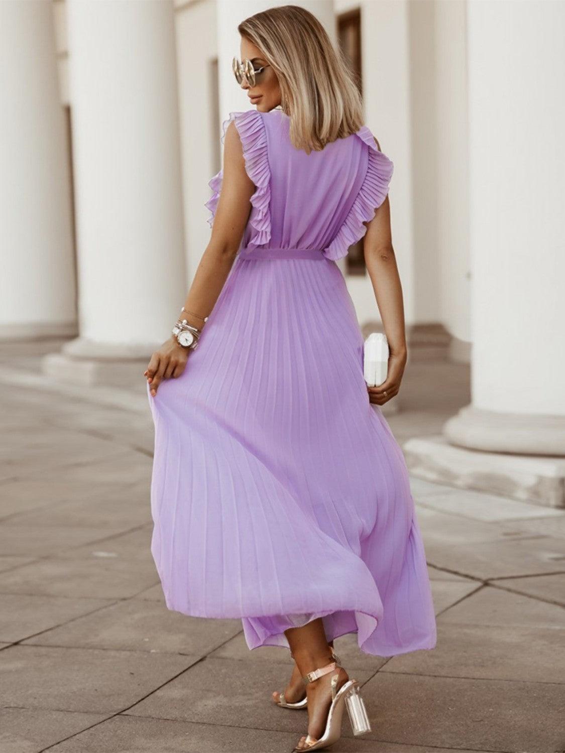 Tied Surplice Cap Sleeve Pleated Dress - ClubOn