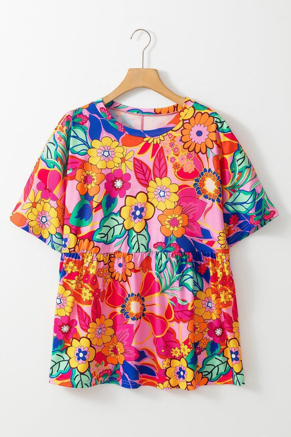 Plus Size Printed Round Neck Short Sleeve Top - ClubOn