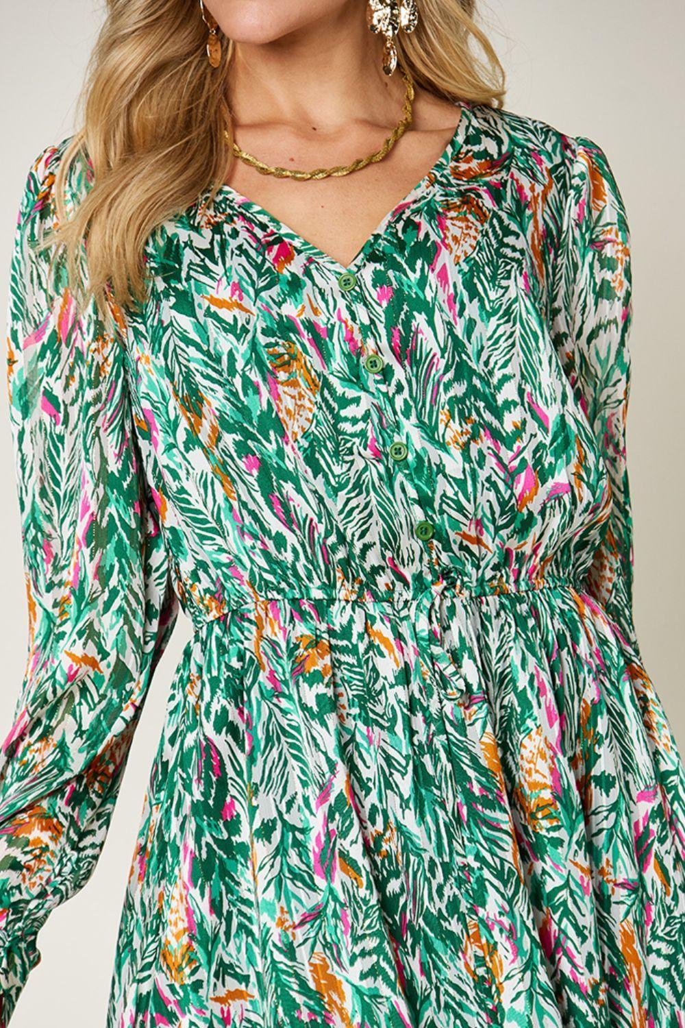 Double Take Full Size Printed Drawstring Waist Long Sleeve Dress - ClubOn