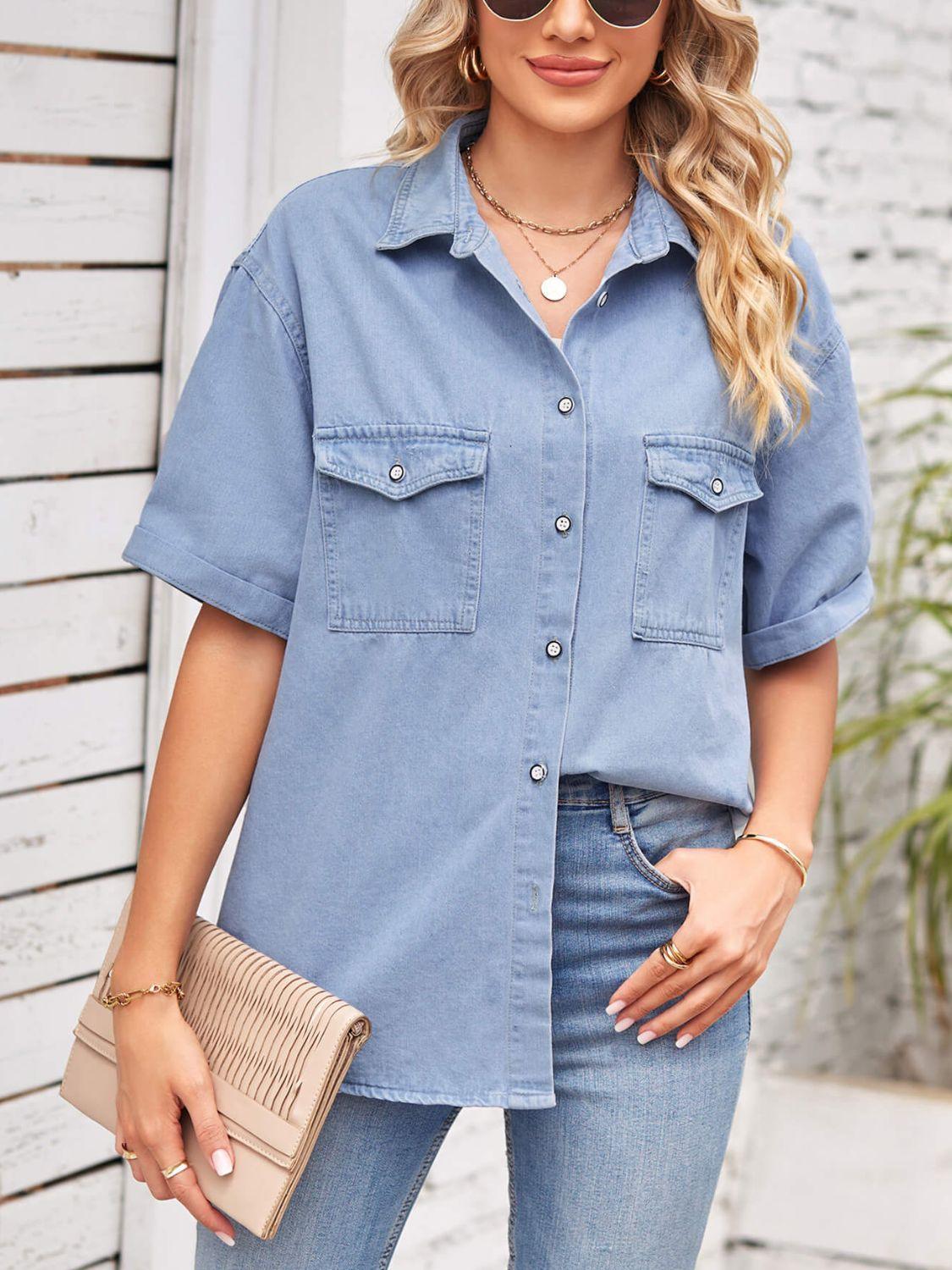 Collared Neck Short Sleeve Denim Jacket - ClubOn