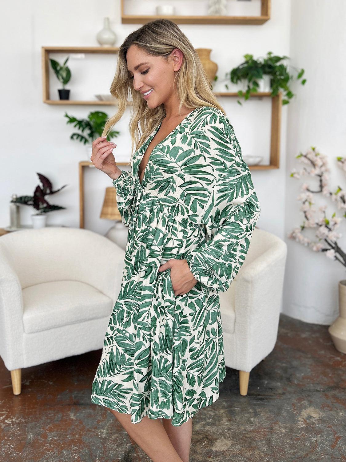 Double Take Full Size Printed Ruched Balloon Sleeve Dress - ClubOn