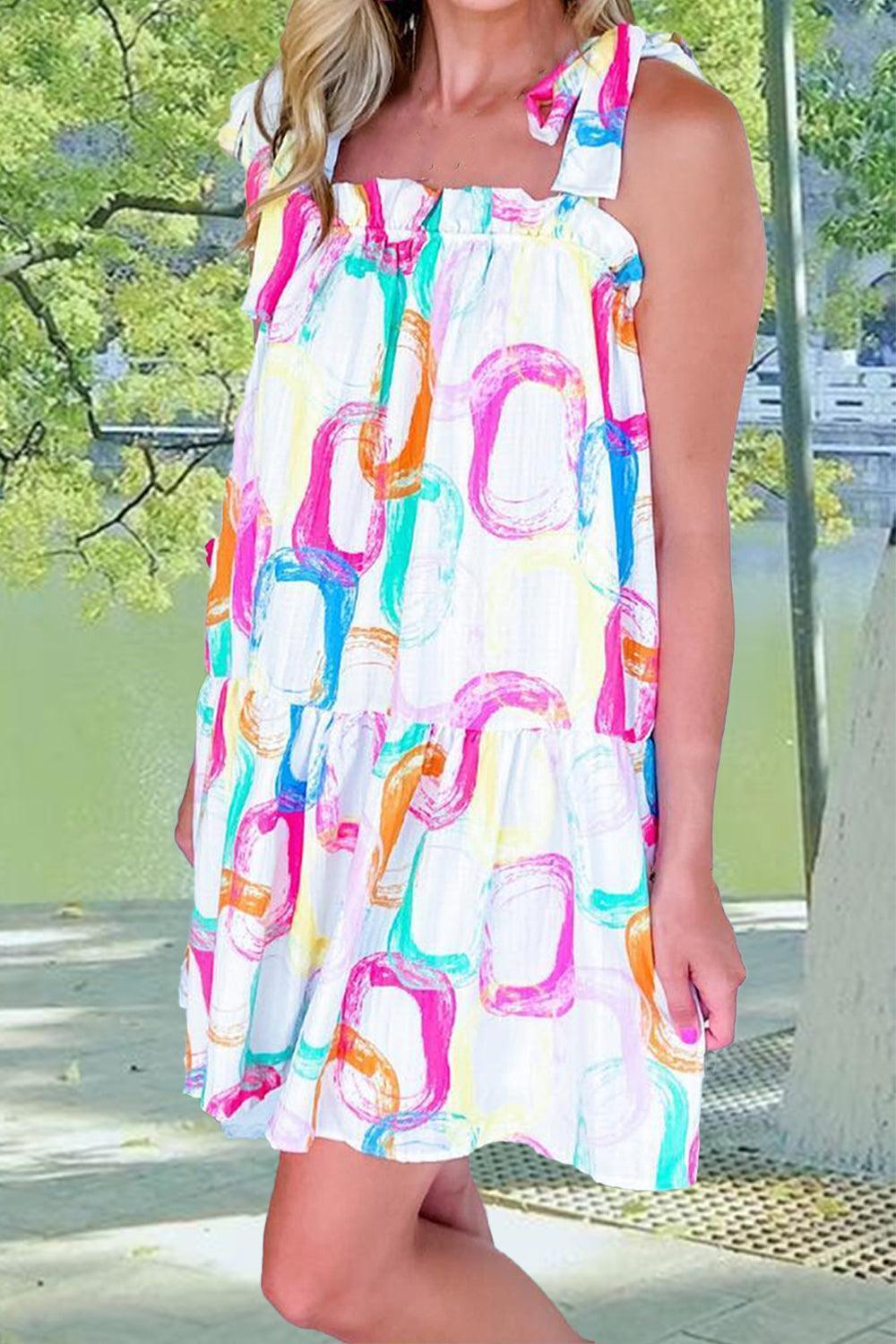 Tied Printed Sleeveless Mini Dress - ClubOn