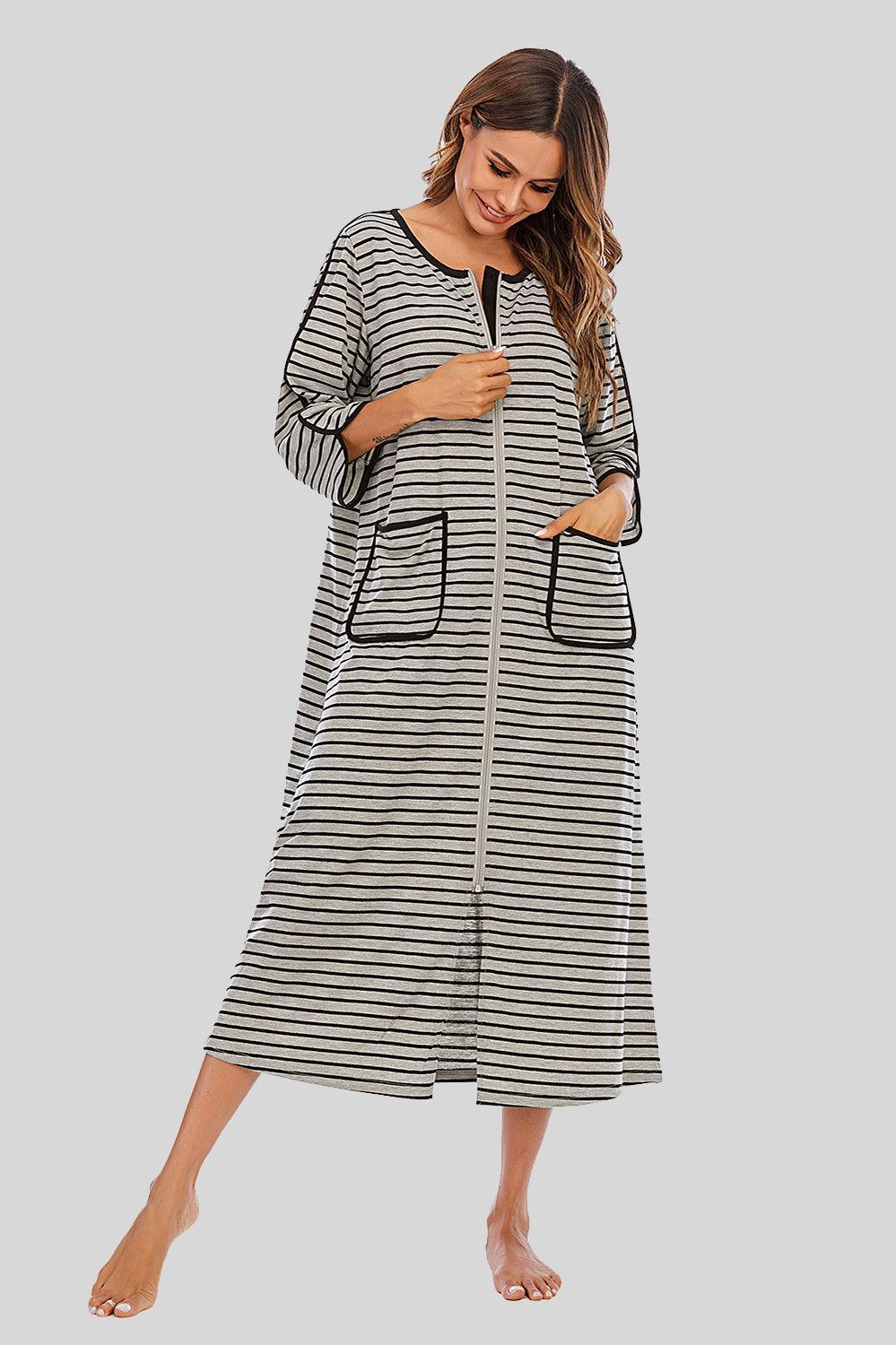 Round Neck Three-Quarter Sleeve Midi Night Dress - ClubOn