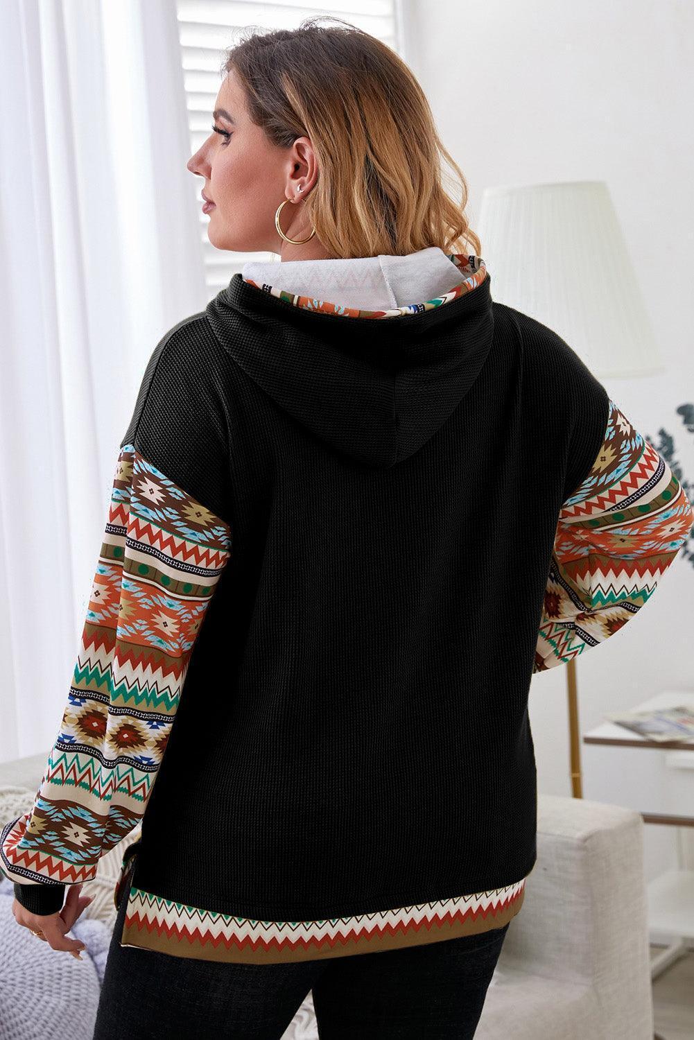 Plus Size Waffle-Knit Geometric Dropped Shoulder Hoodie - ClubOn