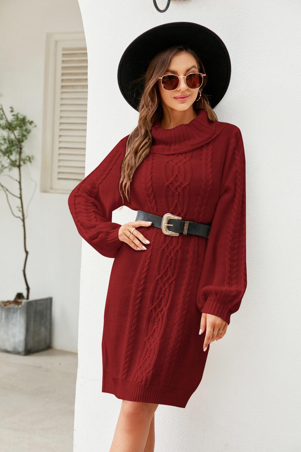 Woven Right Mixed Knit Turtleneck Lantern Sleeve Sweater Dress - ClubOn