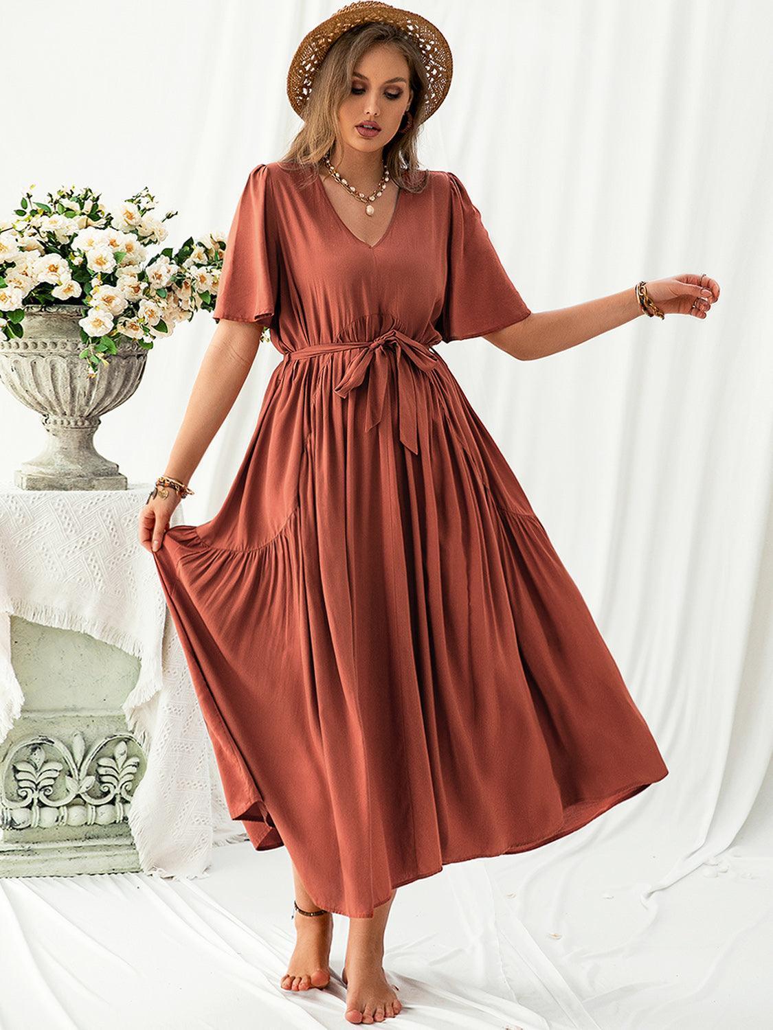 Plus Size V-Neck Flutter Sleeve Midi Dress - ClubOn
