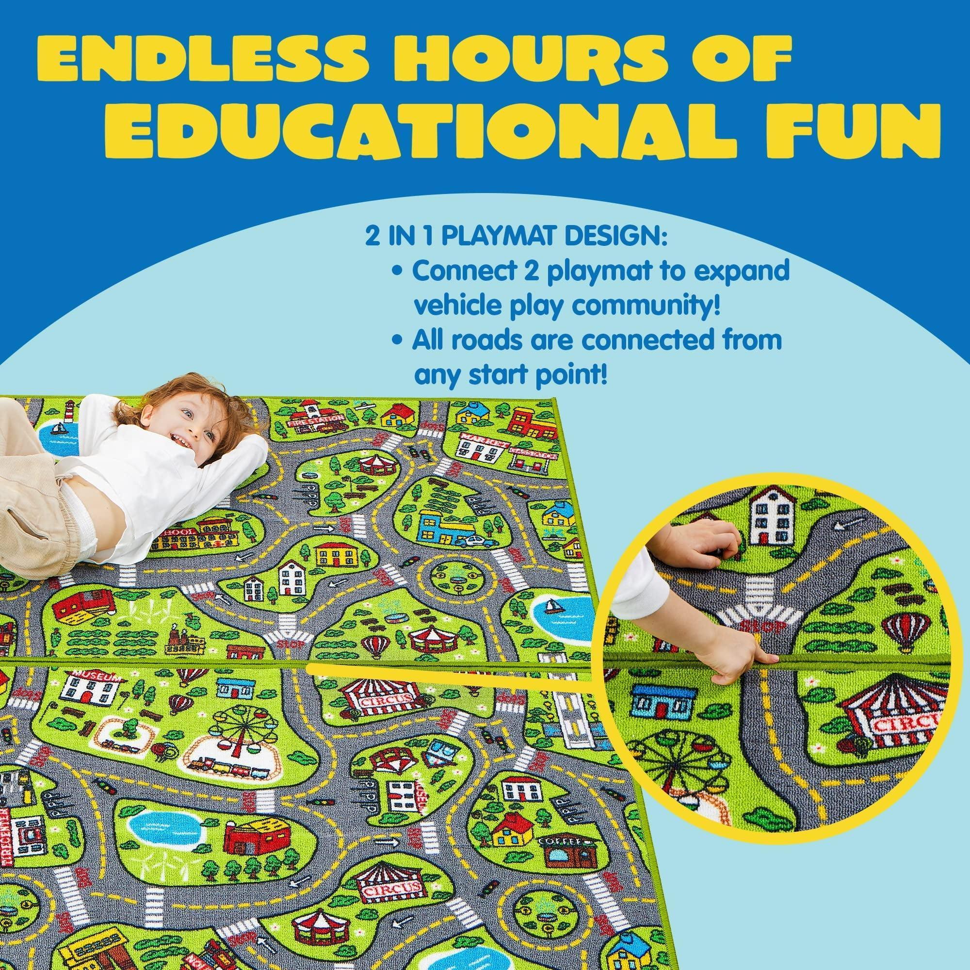 SYNCFUN 2-Pack Kids Car Rug – Jumbo Car Play Mat for Toddlers, Durable City Pretend Play Carpet - ClubOn