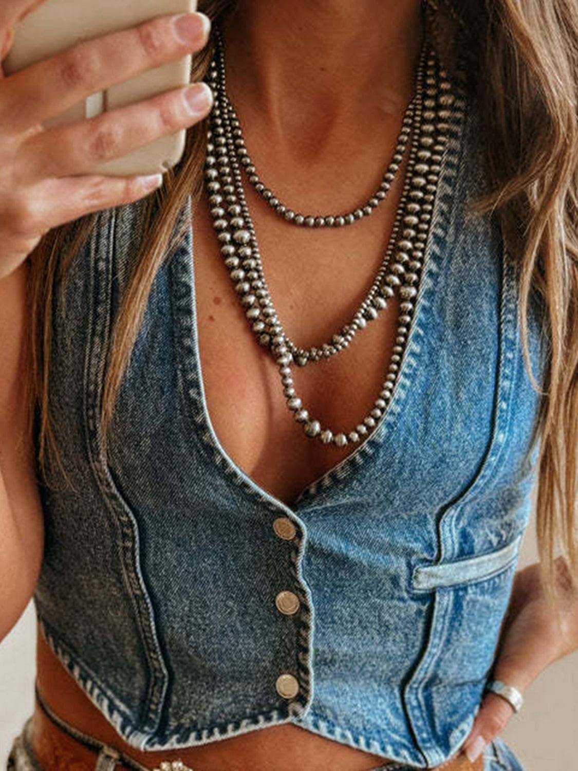 Buttoned V-Neck Denim Top - ClubOn