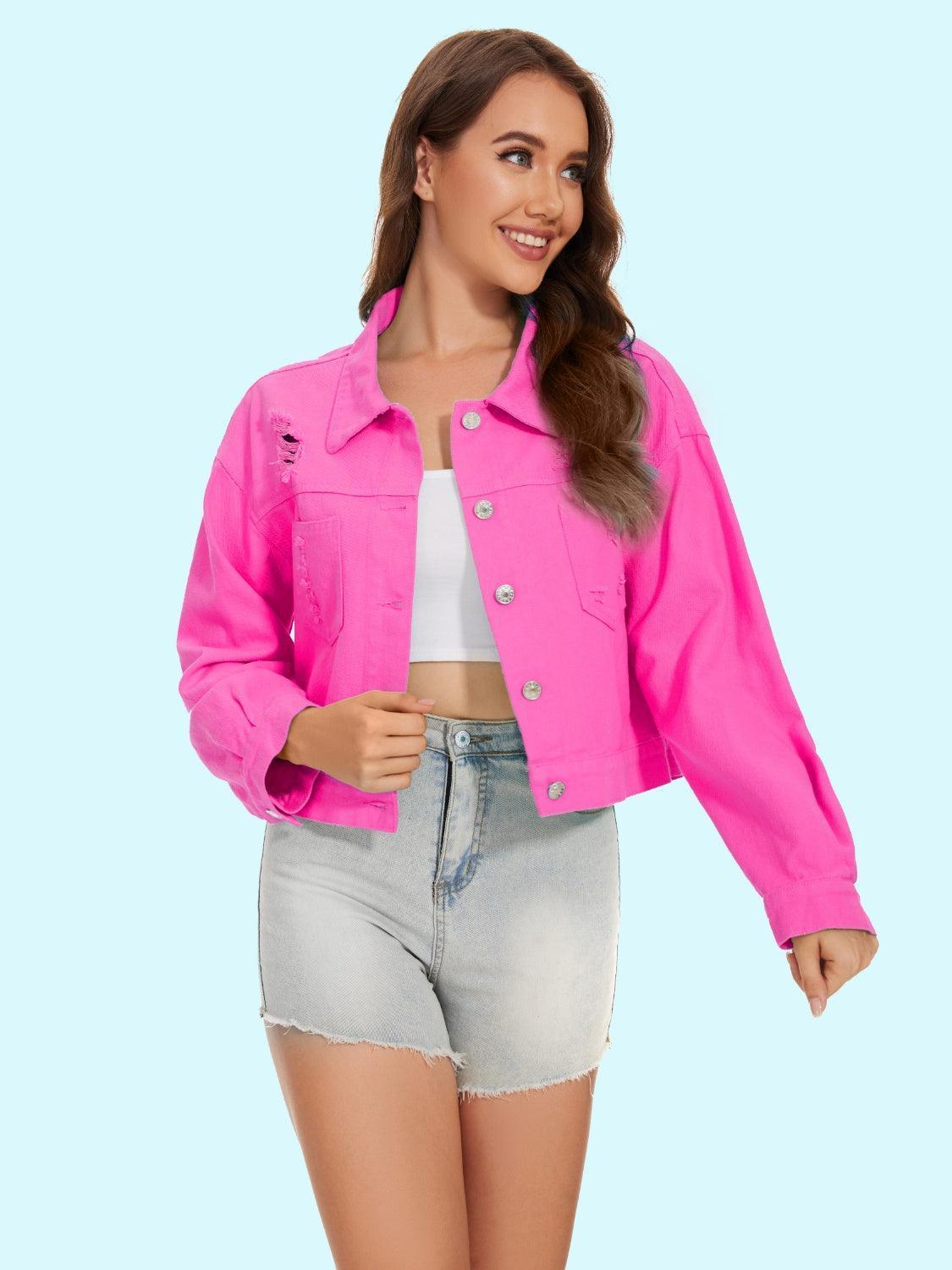 Distressed Distressed Button Up Denim Jacket - ClubOn