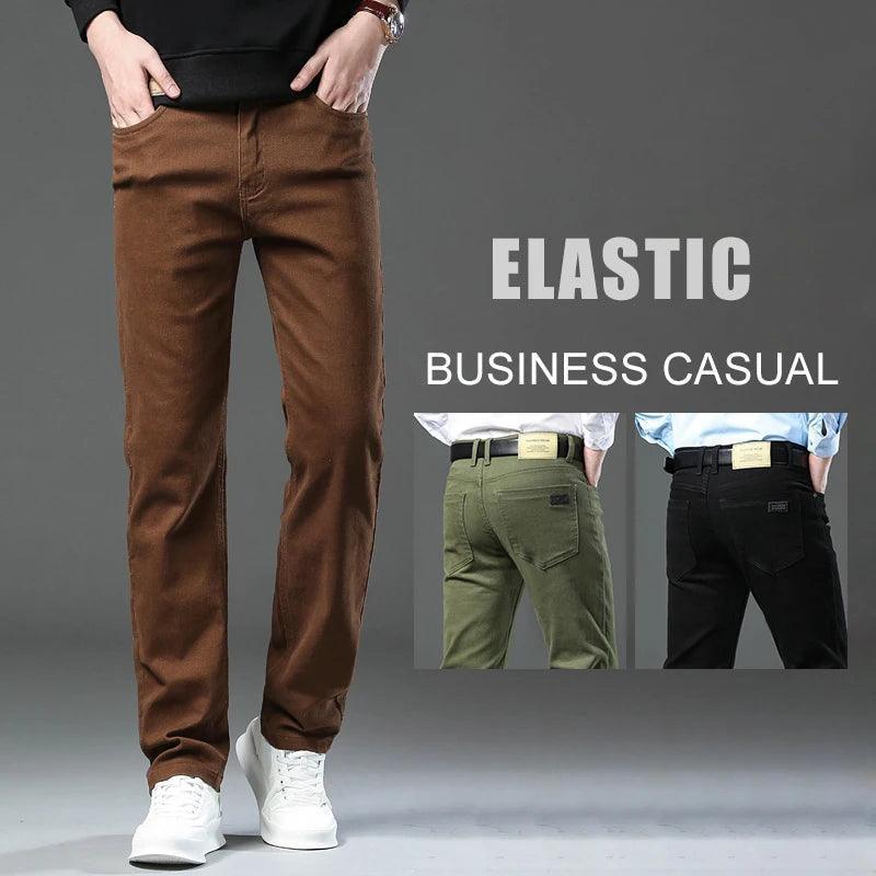 Men's Stretch Denim Jeans - Spring/Autumn Business Casual Pants in 3 Colors, Plus Size - ClubOn