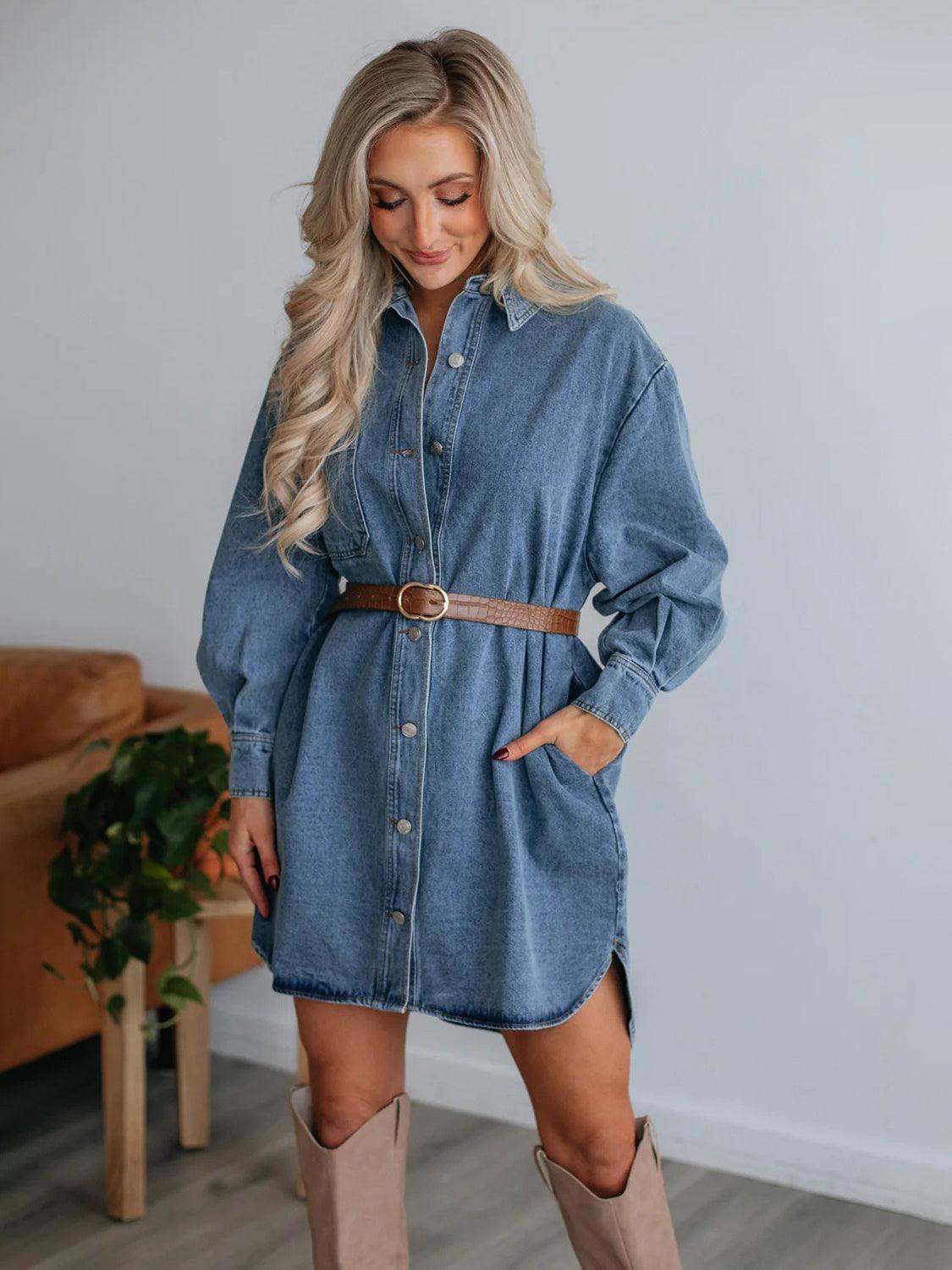 Button Up Collared Neck Long Sleeve Denim Dress - ClubOn
