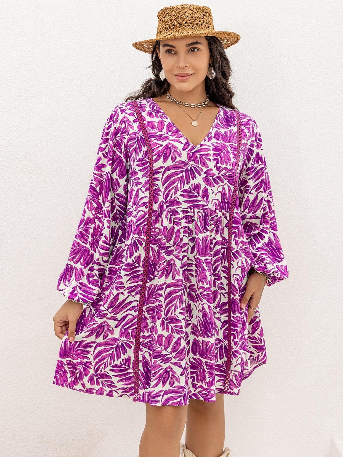 Plus Size Printed V-Neck Balloon Sleeve Mini Dress - ClubOn