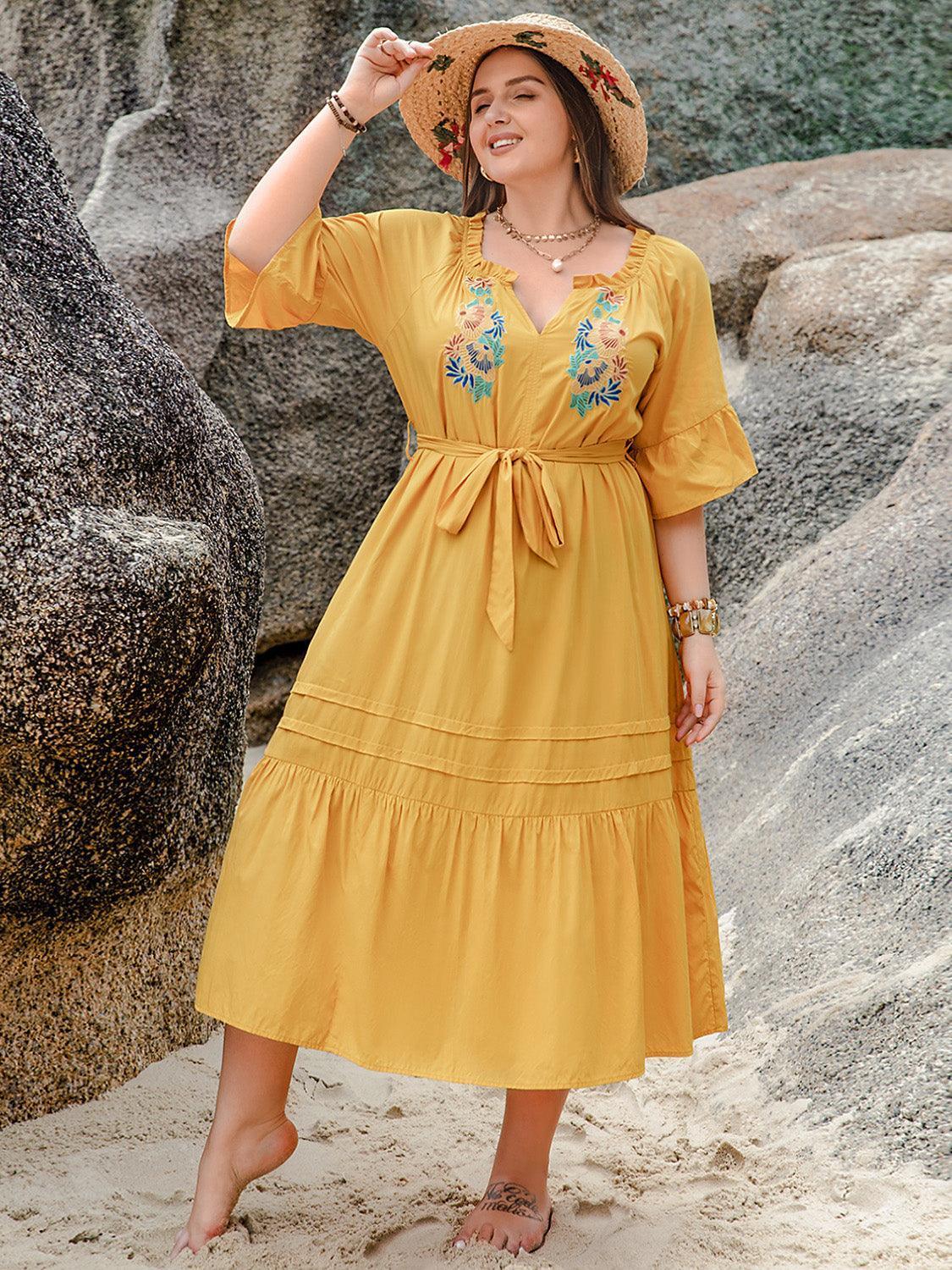 Plus Size Notched Tie Waist Half Sleeve Midi Dress - ClubOn