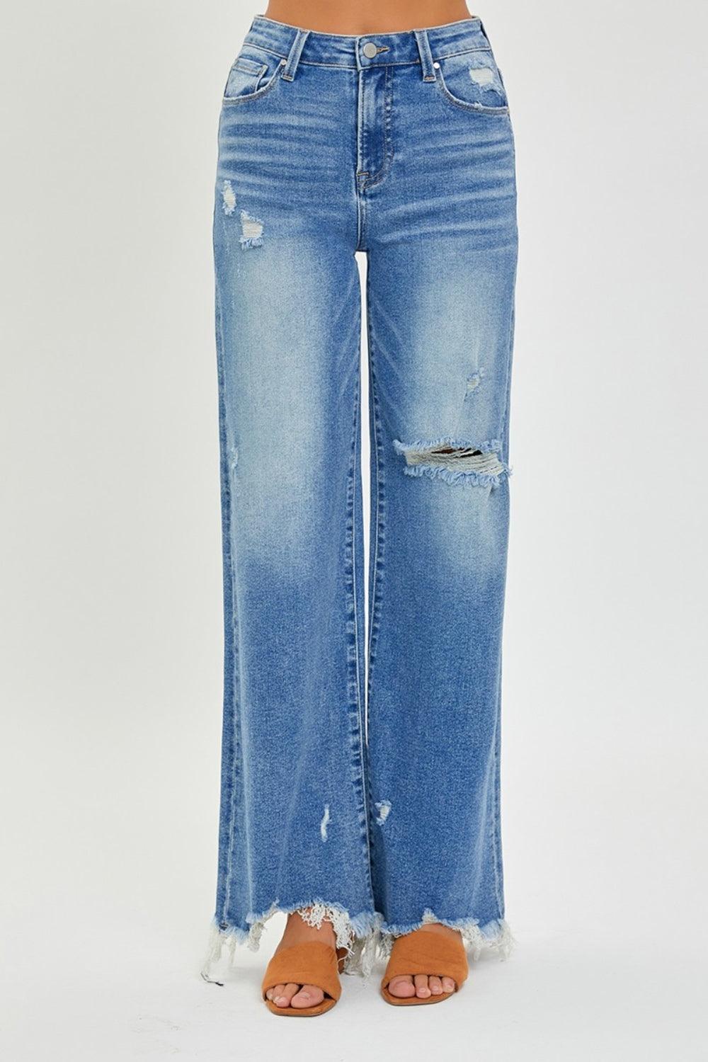 RISEN Full Size High Rise Frayed Hem Wide Leg Jeans - ClubOn