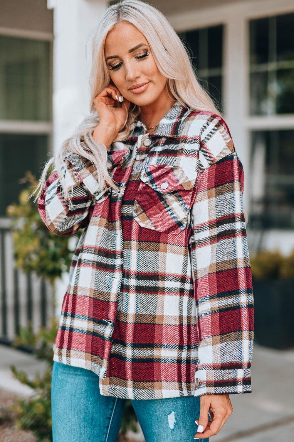 Double Take Plaid Button Front Shirt Jacket with Breast Pockets - ClubOn