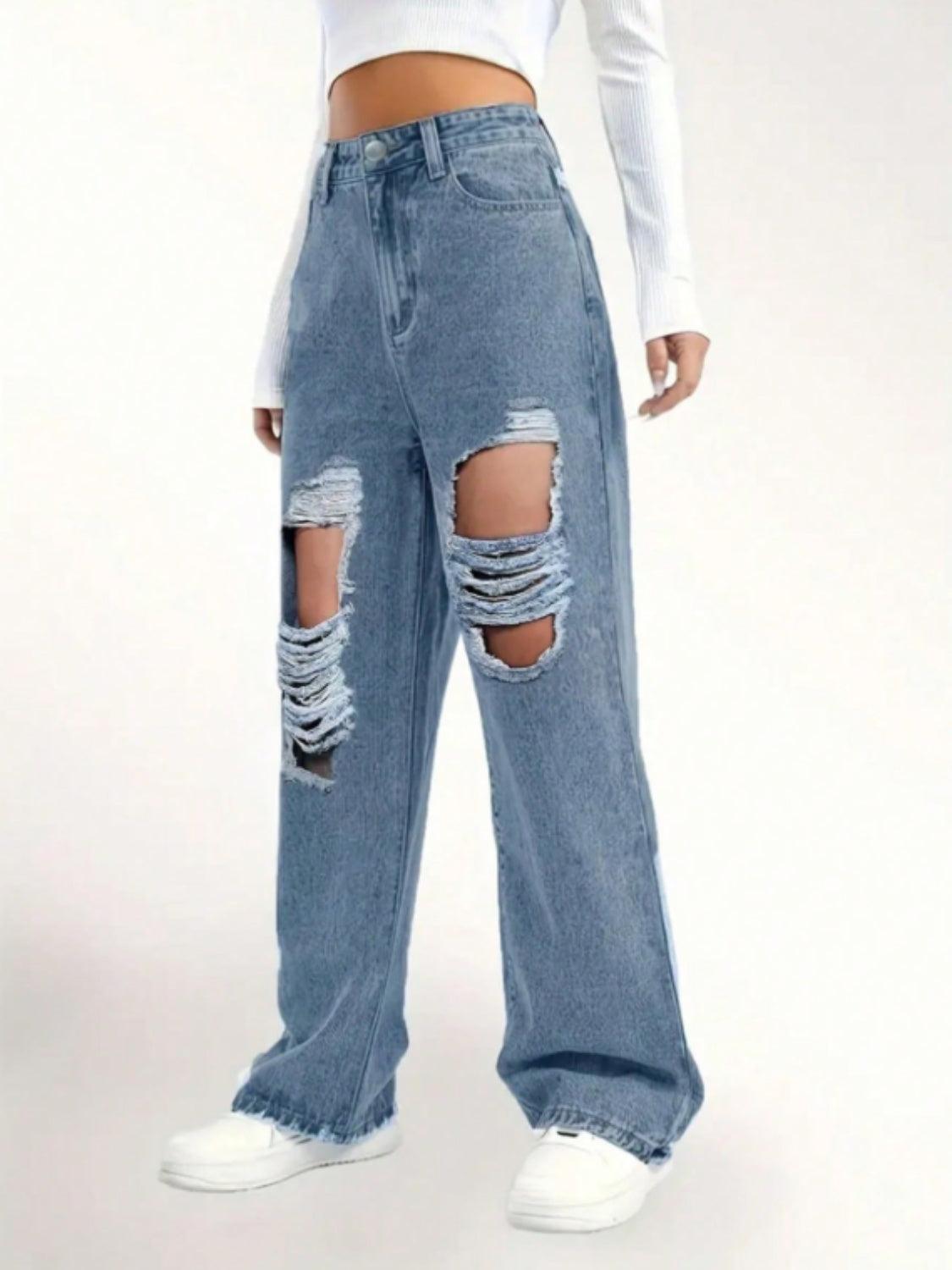 Distressed Wide Leg Jeans - ClubOn