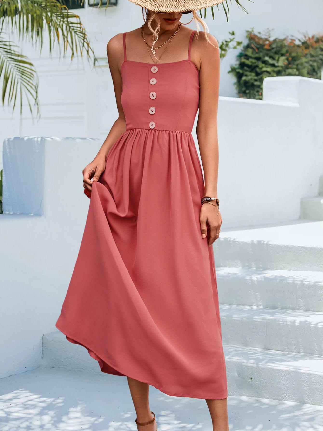 Decorative Button Spaghetti Strap Midi Dress - ClubOn