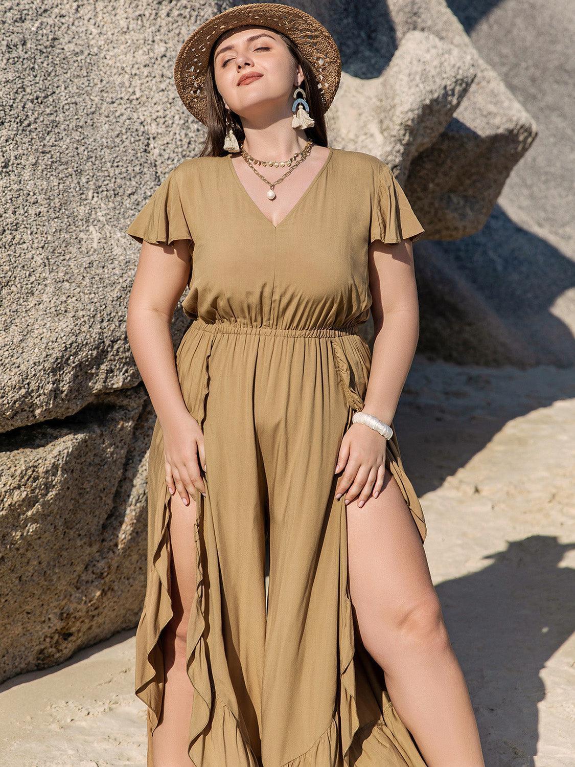 Plus Size Slit Ruffled V-Neck Jumpsuit - ClubOn
