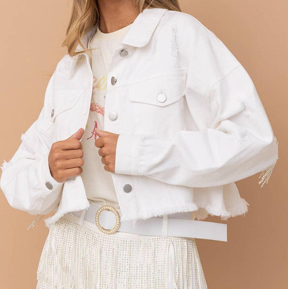 Distressed Raw Hem Dropped Shoulder Denim Jacket - ClubOn