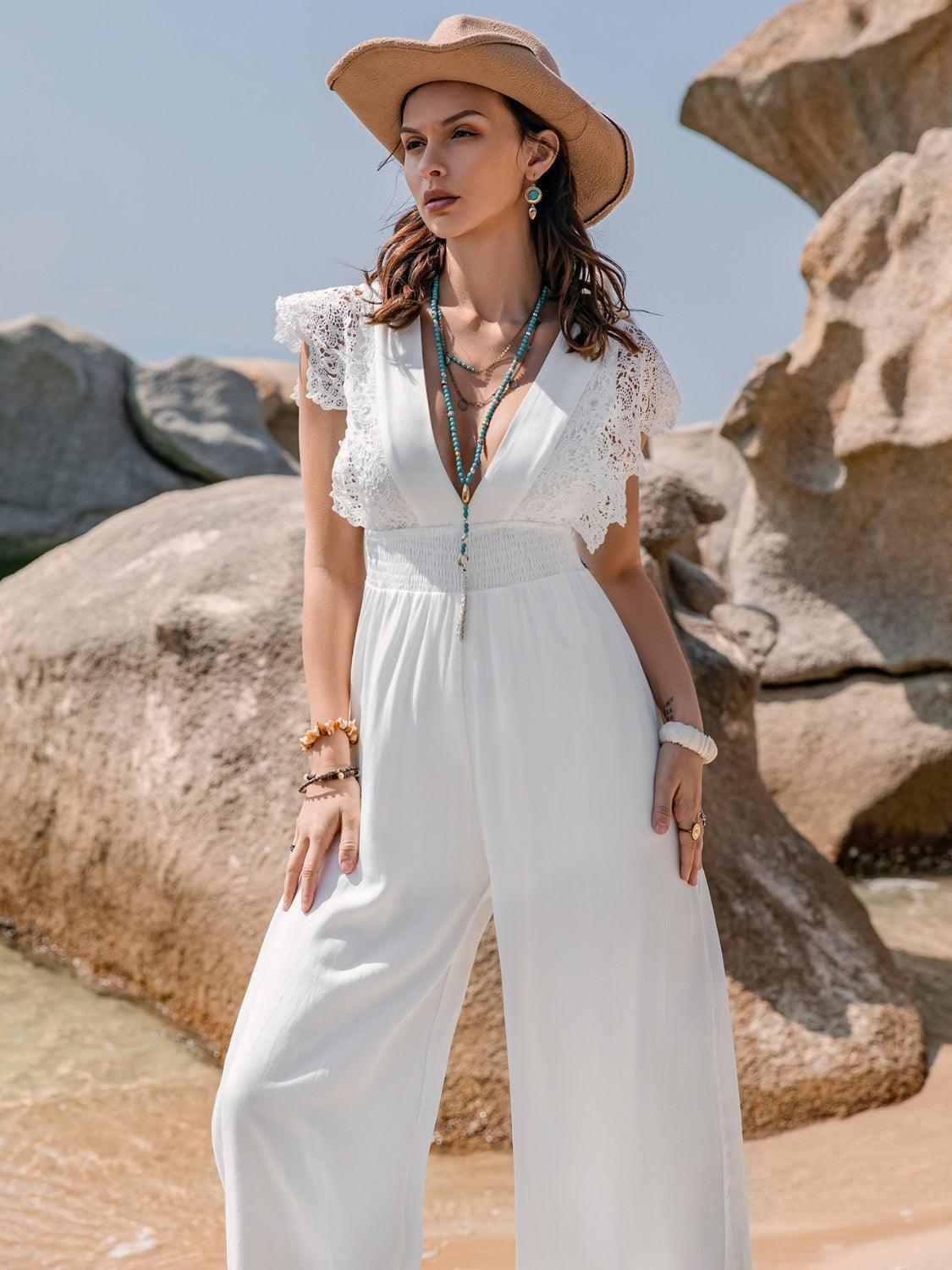 Lace Detail Plunge Cap Sleeve Jumpsuit - ClubOn
