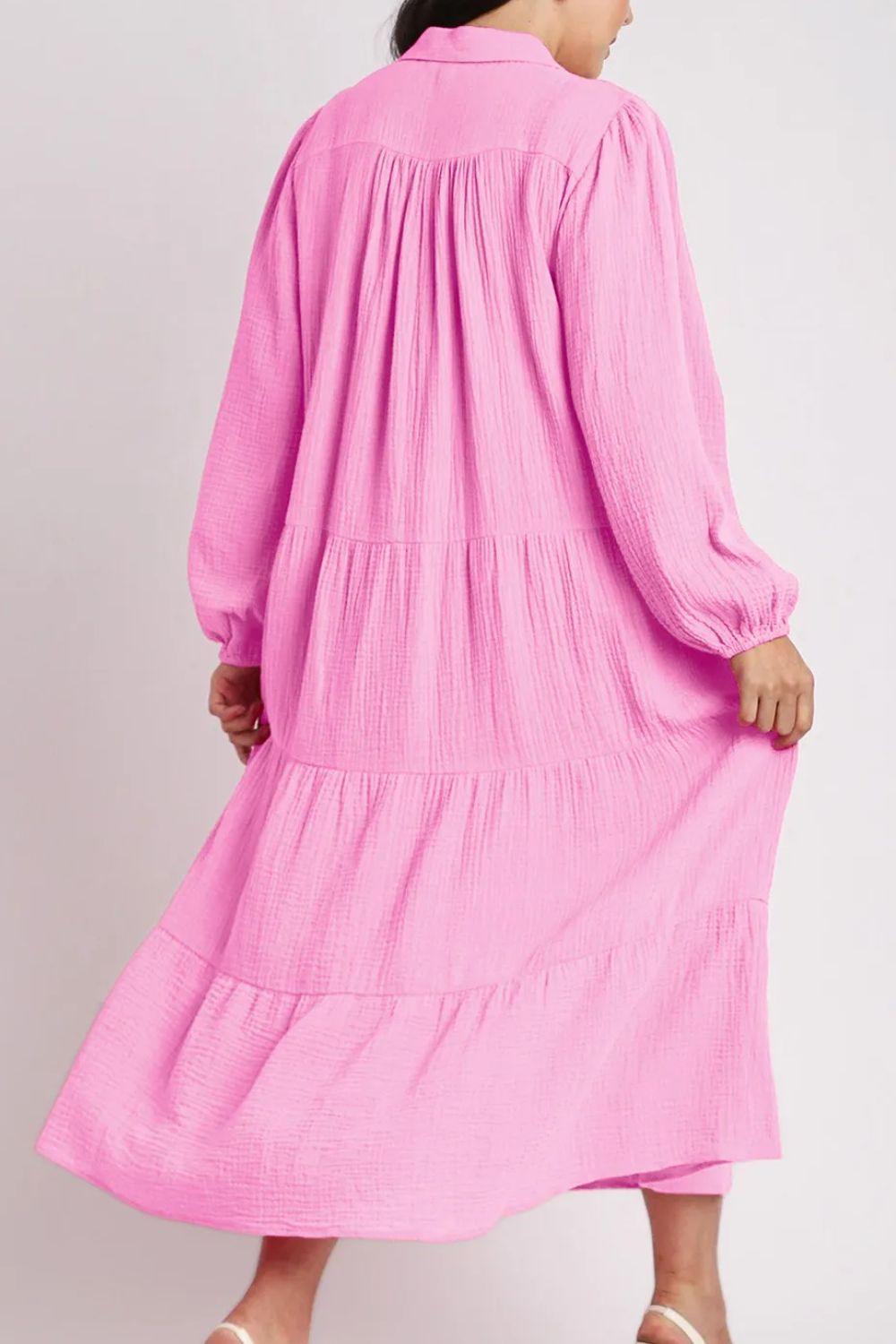 Tiered Johnny Collar Long Sleeve Dress - ClubOn