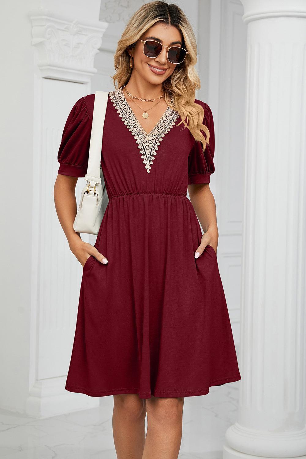 V-Neck Puff Sleeve Dress - ClubOn
