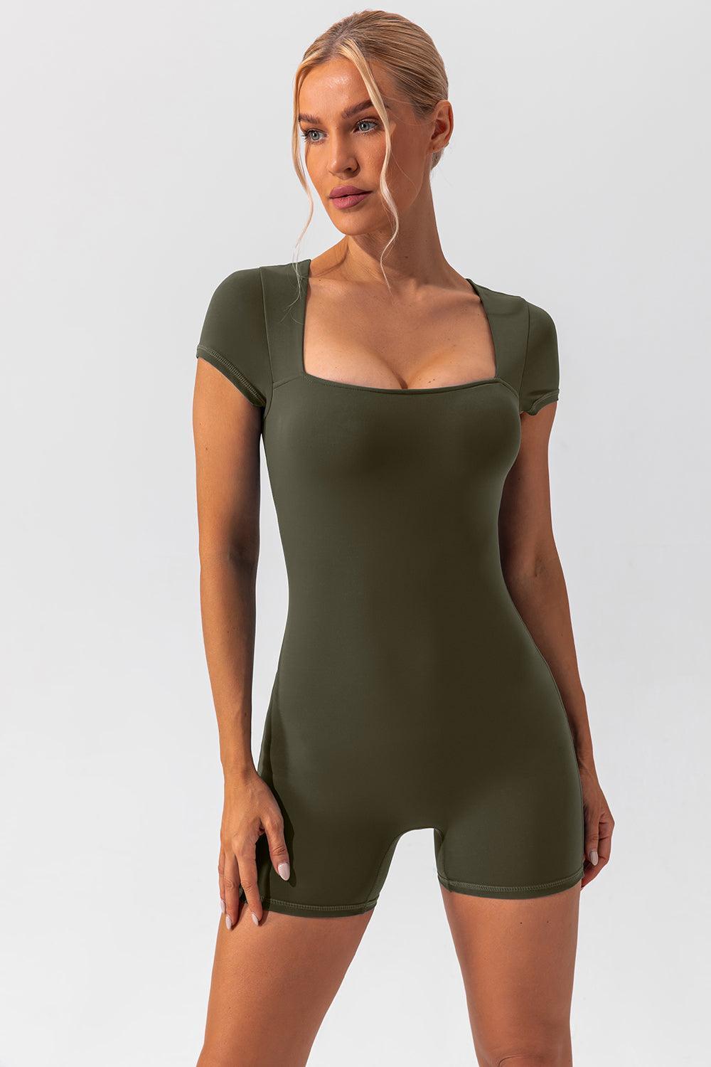 Square Neck Cap Sleeve Active Romper - ClubOn