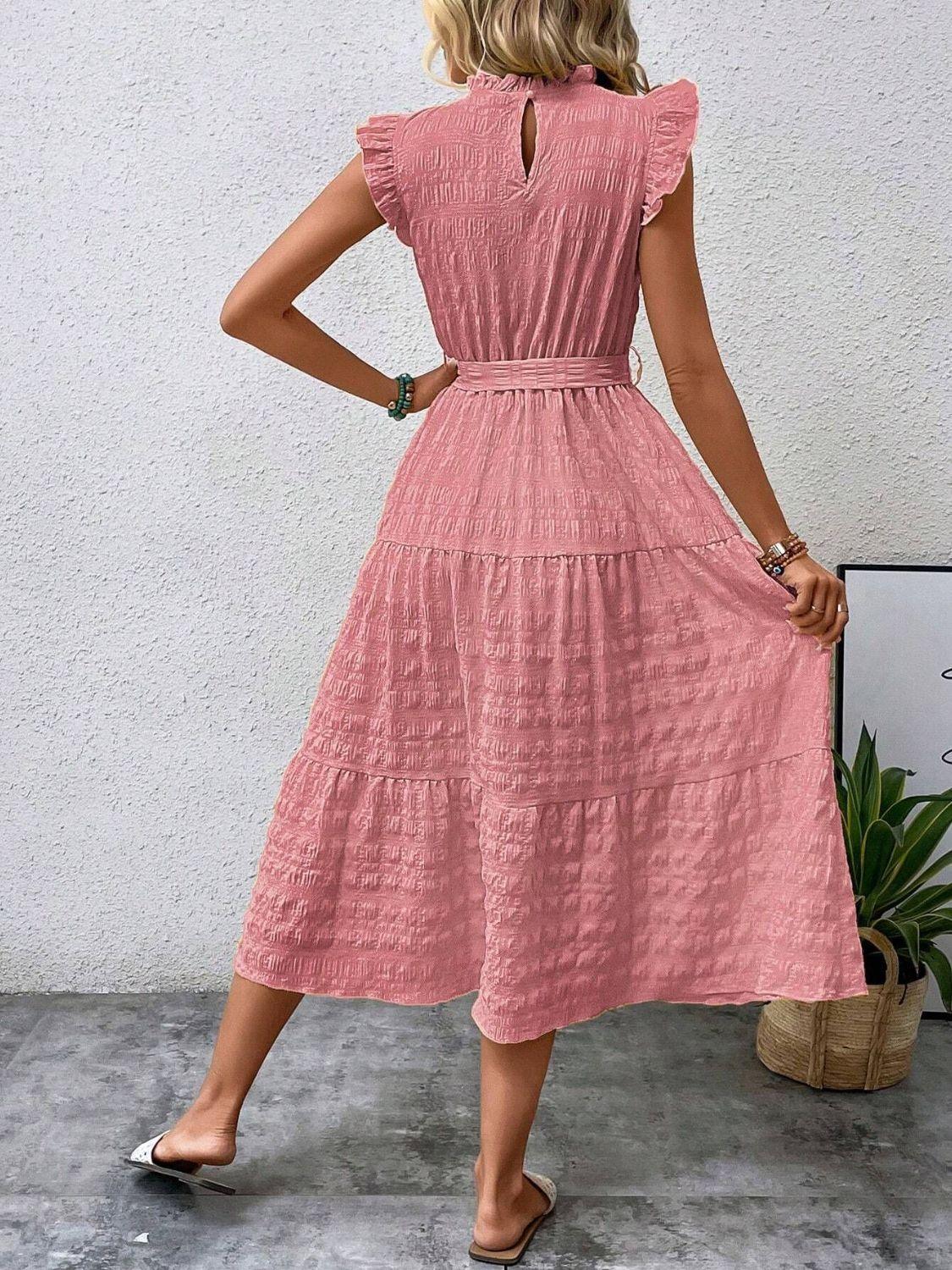 Tied Ruffled Cap Sleeve Midi Dress - ClubOn