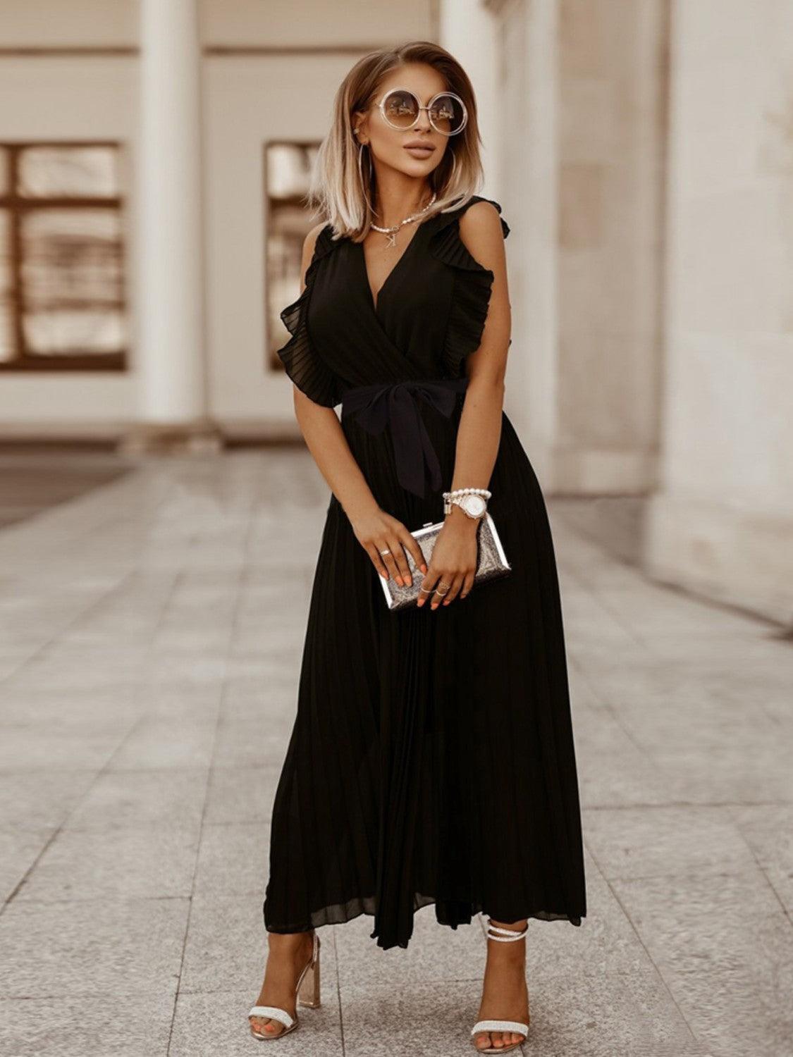 Tied Surplice Cap Sleeve Pleated Dress - ClubOn
