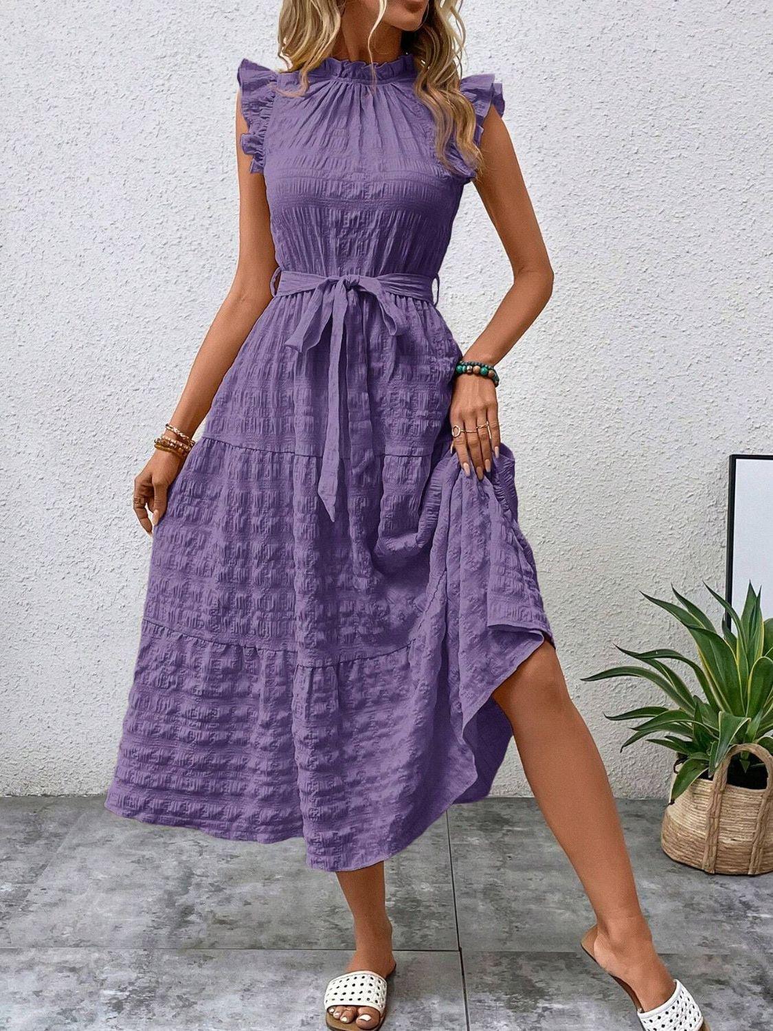 Tied Ruffled Cap Sleeve Midi Dress - ClubOn