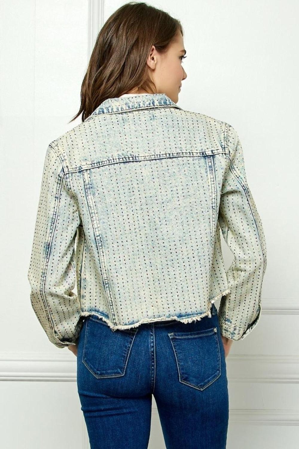 Veveret Multi Color Stripe Rhinestone Raw Hem Denim Jacket - ClubOn