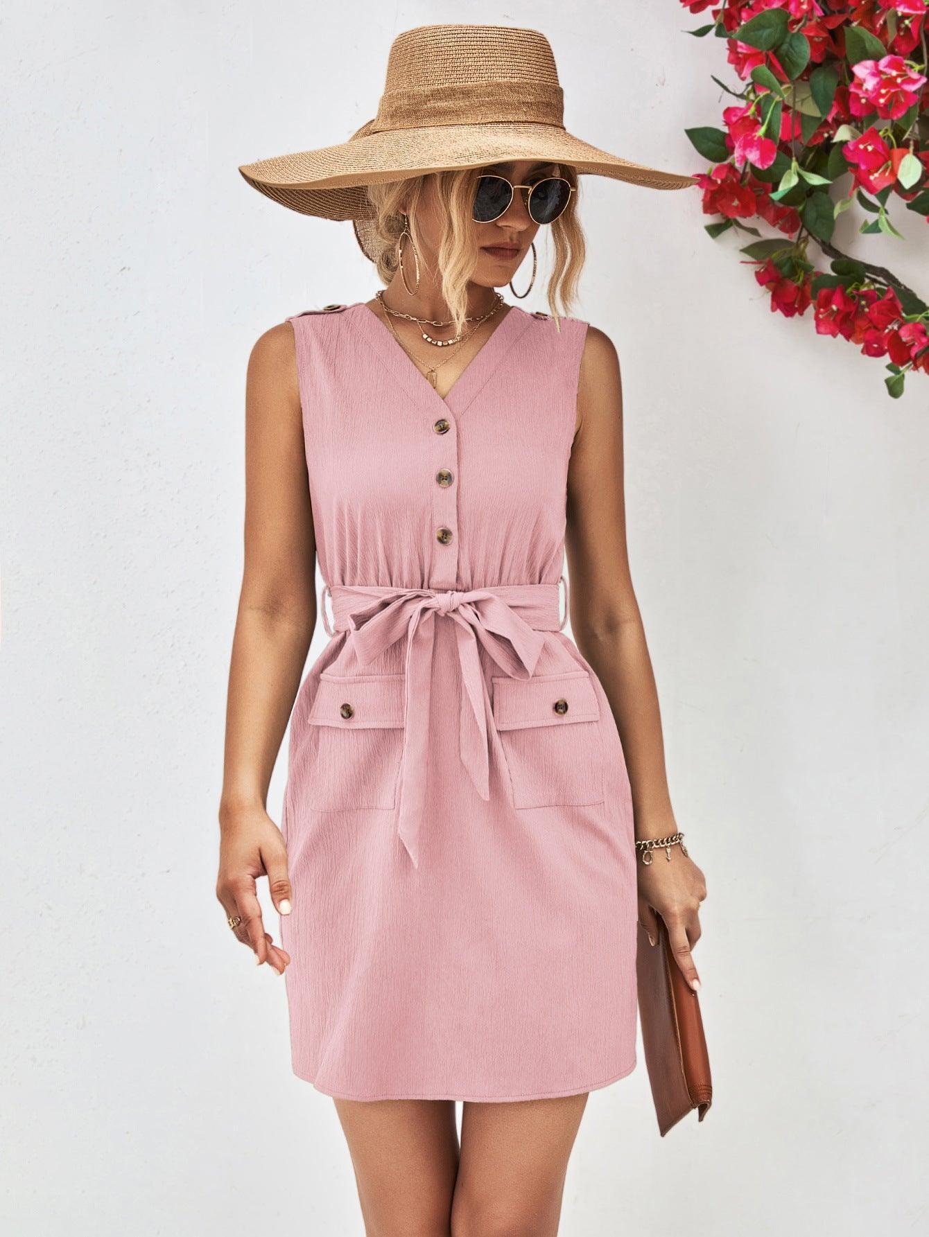 Buttoned V-Neck Belted Sleeveless Dress - ClubOn
