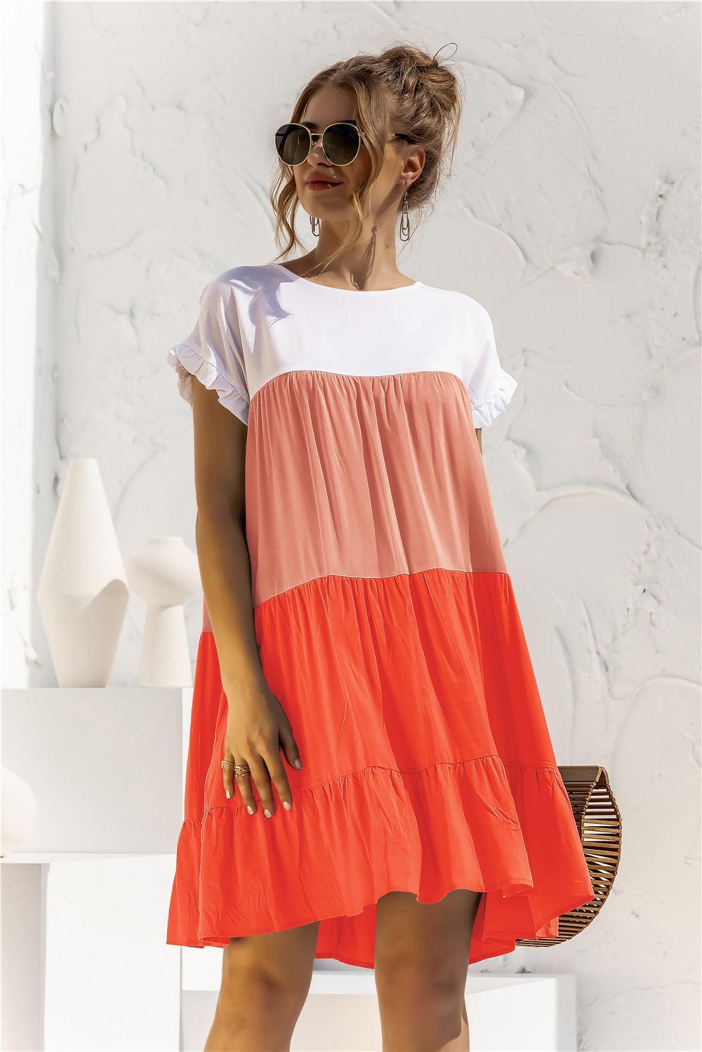 Color Block Round Neck Ruffle Hem Dress - ClubOn