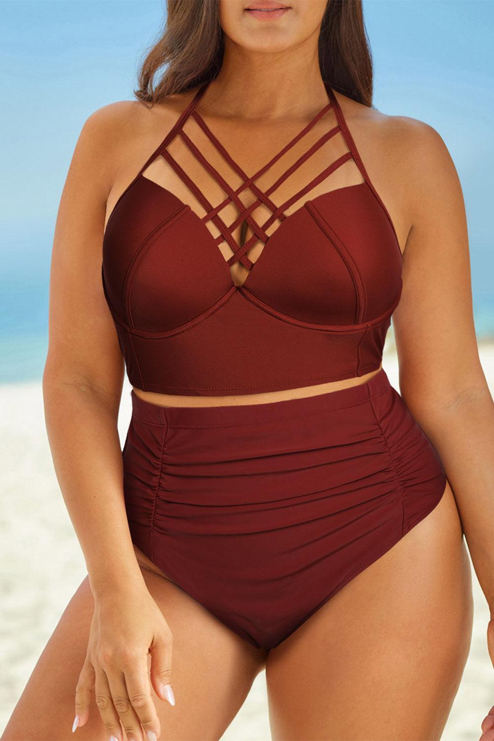 Full Size Halter Neck Crisscross Ruched Two-Piece Swimsuit - ClubOn
