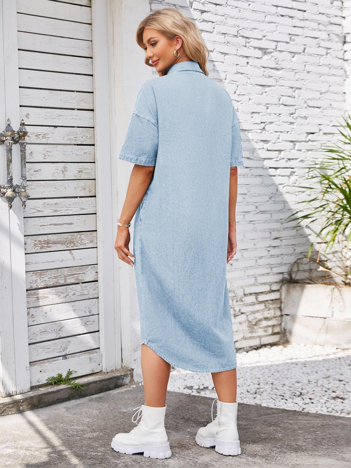 Button Up Dropped Shoulder Denim Dress - ClubOn