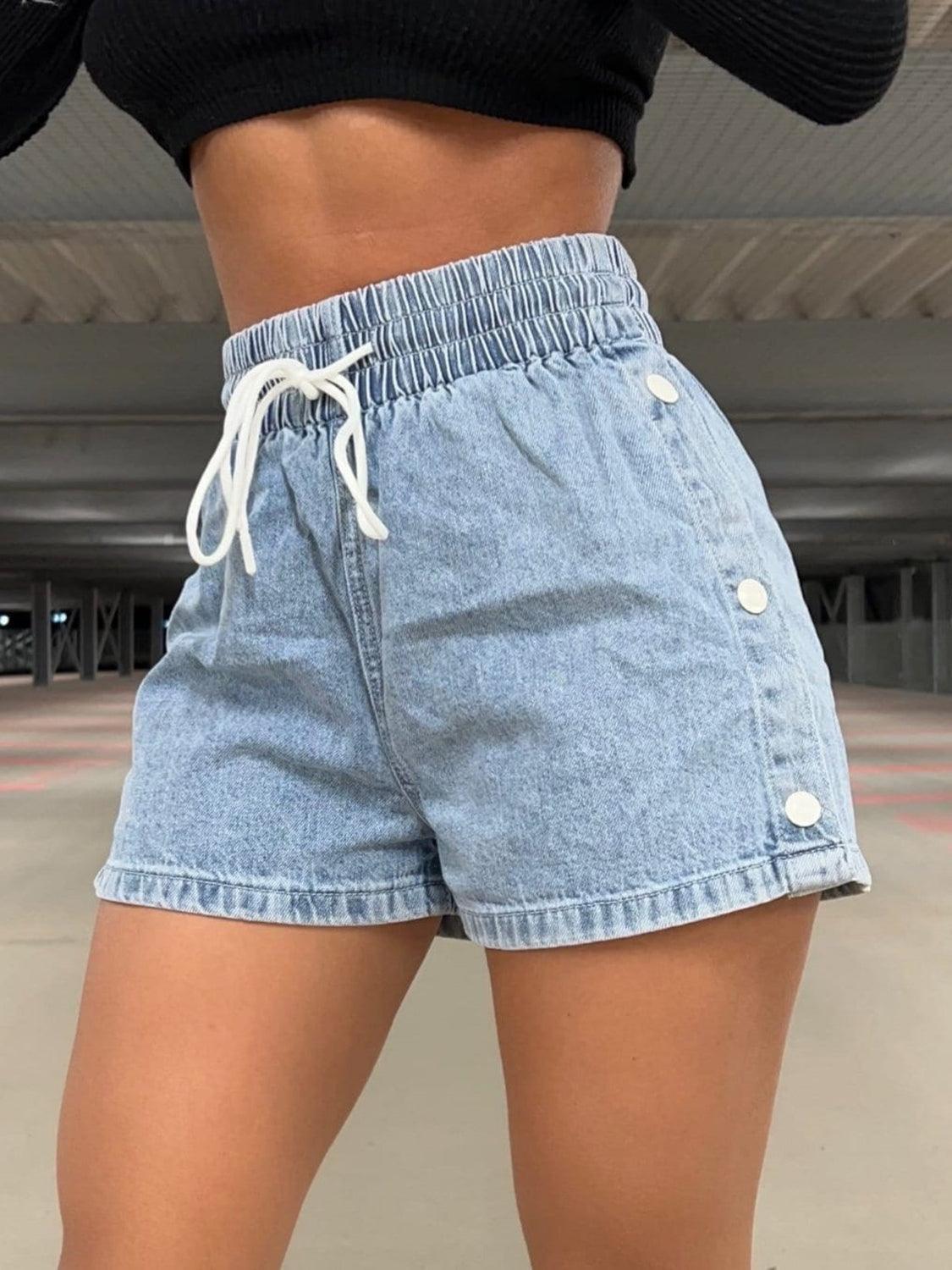 Drawstring High Waist Denim Shorts - ClubOn