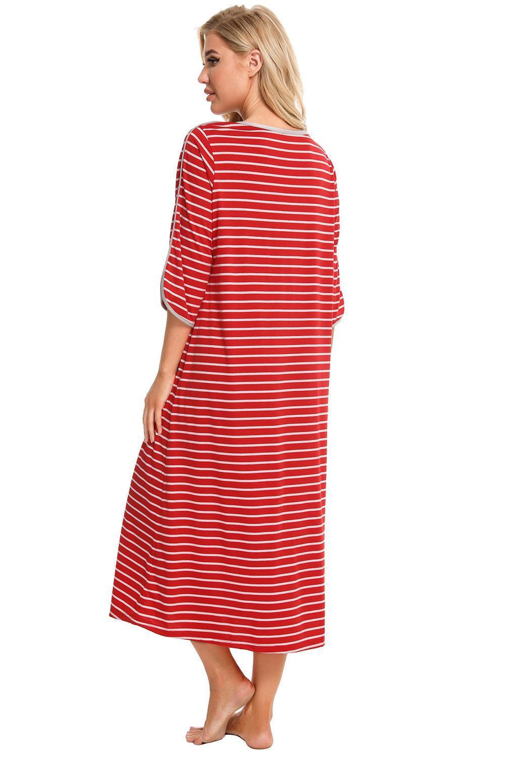 Round Neck Three-Quarter Sleeve Midi Night Dress - ClubOn