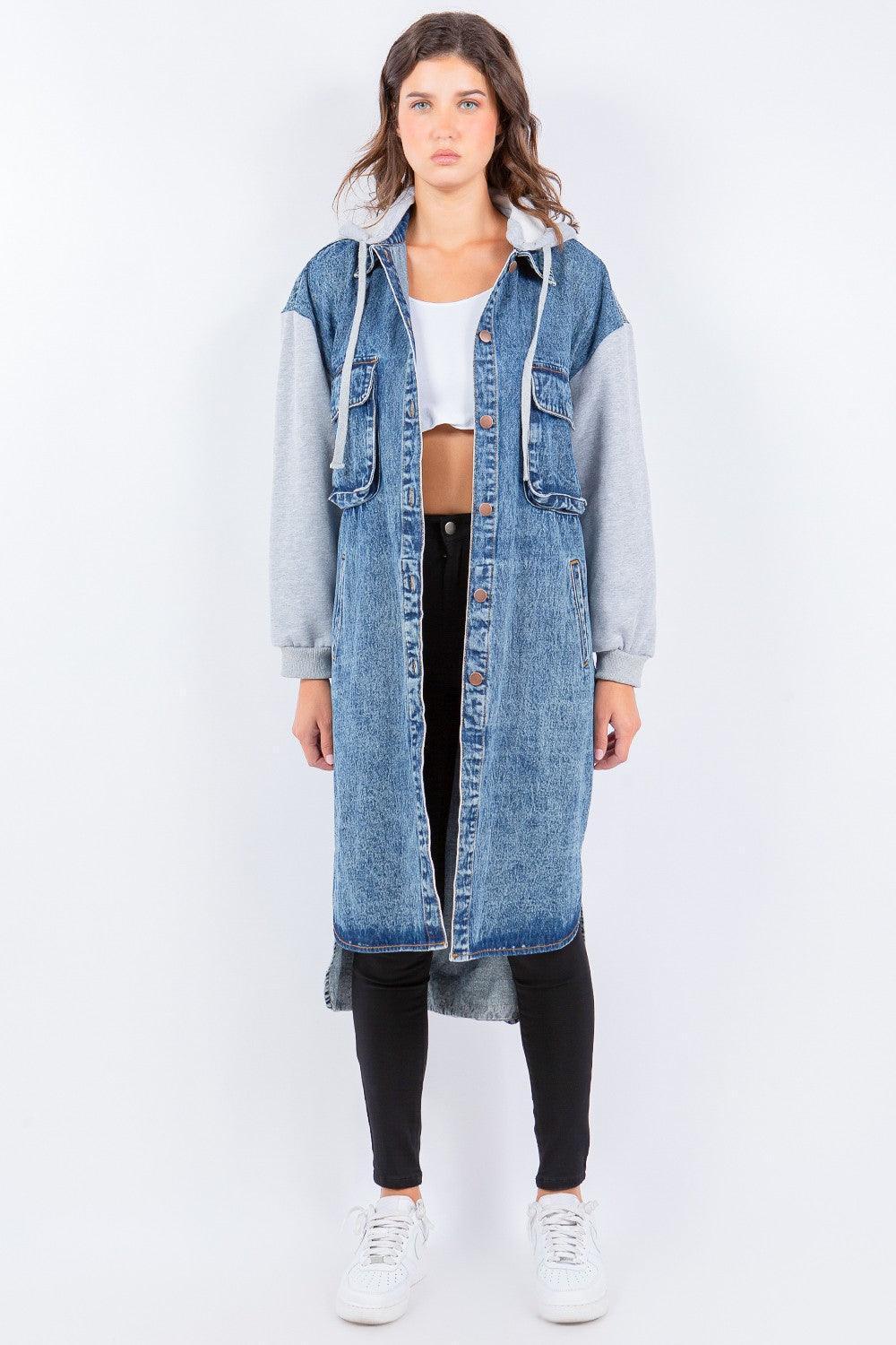 American Bazi Contrast Longline Hooded Denim Jacket - ClubOn