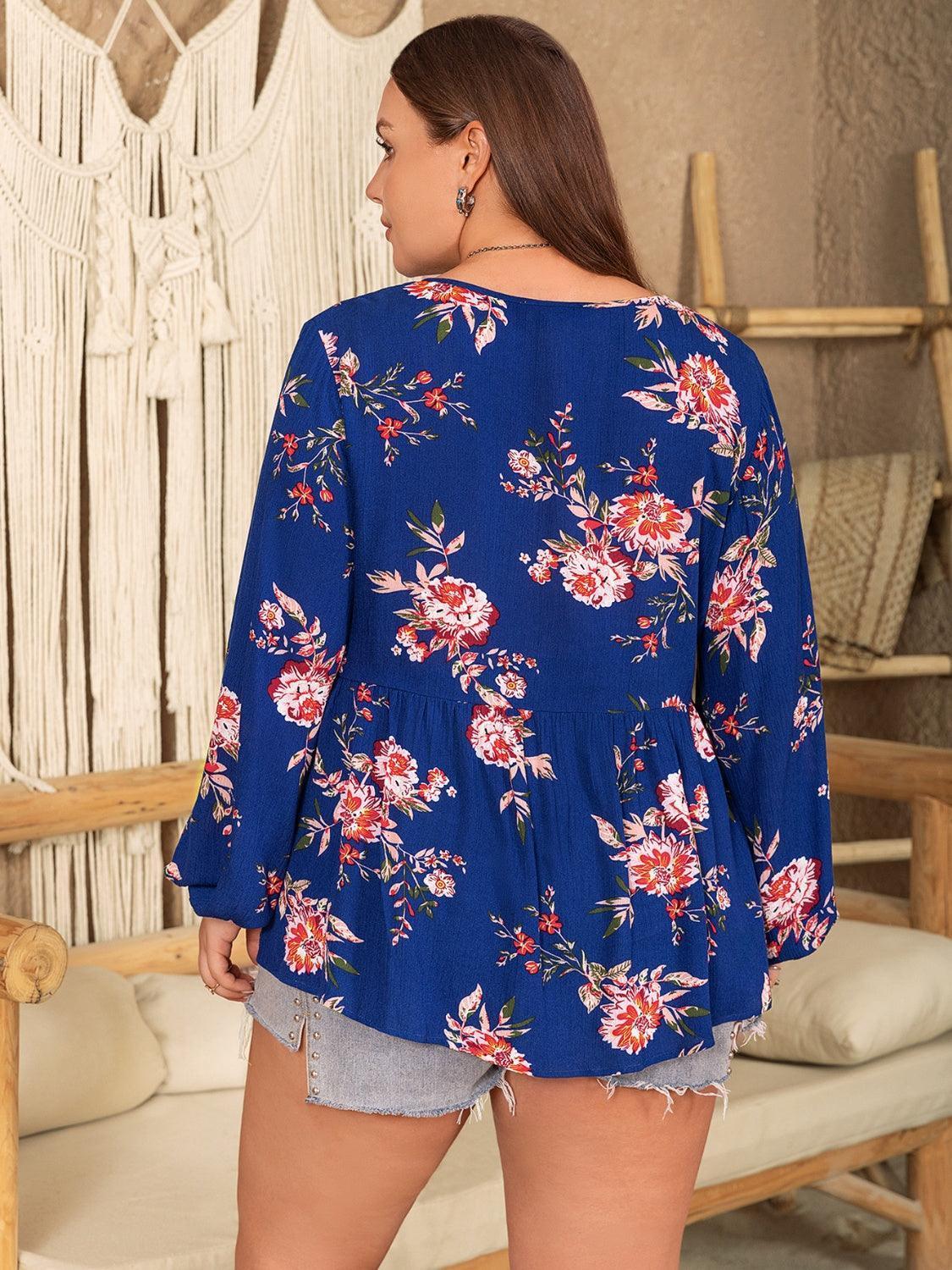 Plus Size Printed Tie Neck Balloon Sleeve Blouse - ClubOn
