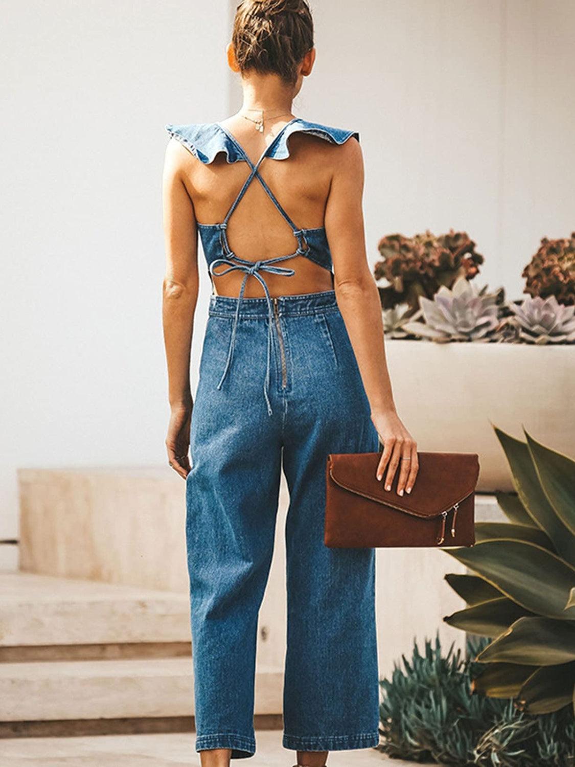 Ruffled Backless Sleeveless Denim Jumpsuit - ClubOn