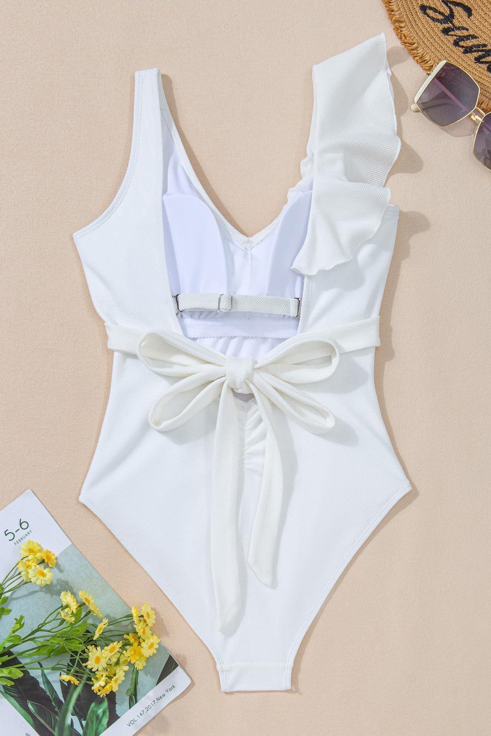 Ruffled V-Neck Wide Strap One-Piece Swimwear - ClubOn