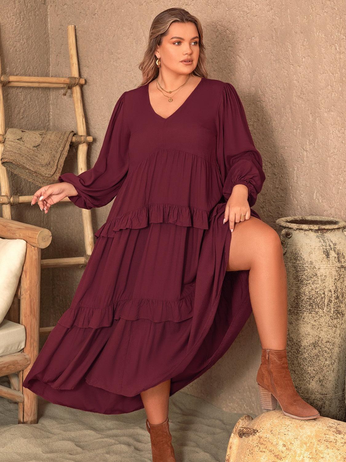 Plus Size Ruffled V-Neck Long Sleeve Dress - ClubOn