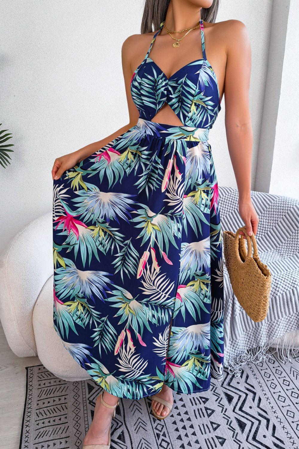 Botanical Print Tied Backless Cutout Slit Dress - ClubOn