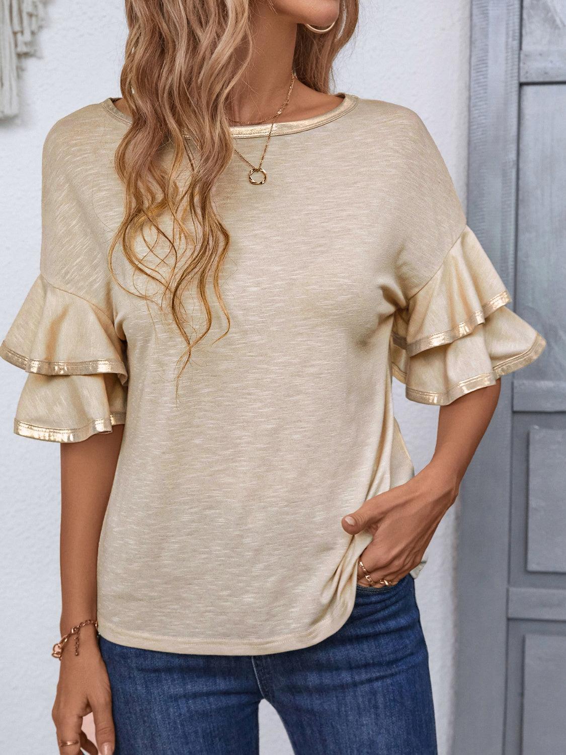 Round Neck Flounce Sleeve T-Shirt - ClubOn